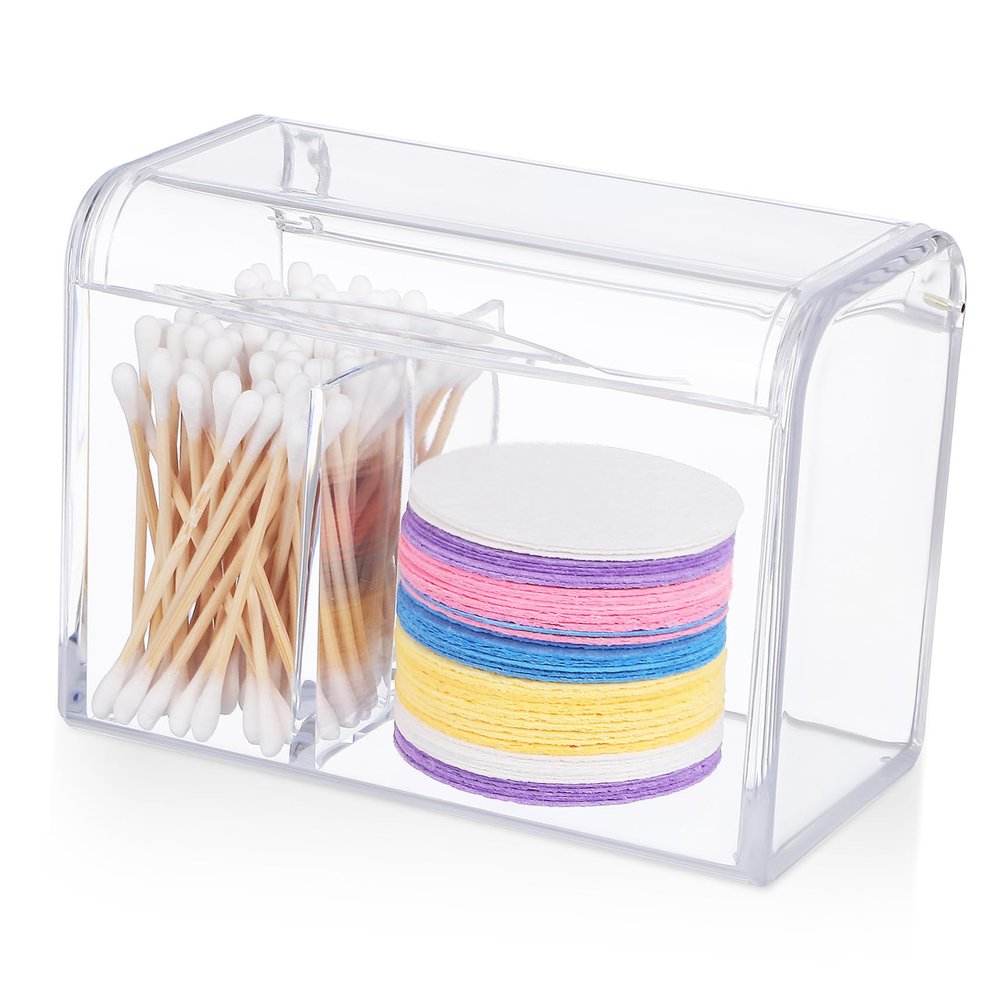 Amosfun Clear Acrylic Cotton Swab Holder with Lid Double Compartment Storage Container for Cotton Balls and Swabs Organizer for Bathroom and Vanity Use