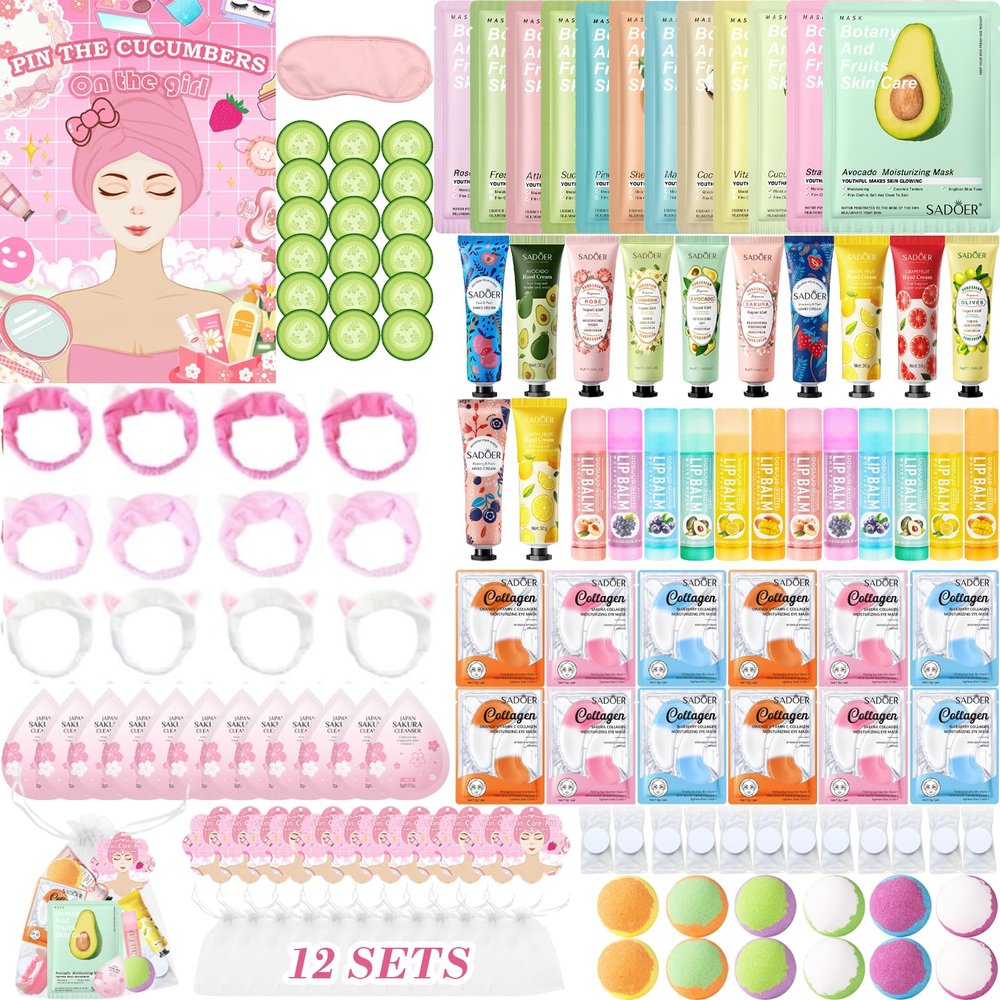 130PCS Spa Party Supplies for Girl, Spa Day Favors Essentials Include Face Masks Skincare, Games, Lip Balm, Under Eye Patches, Foot Bath Bomb, Birthday Sleepover Supplies Party Kit for Women Gift Set
