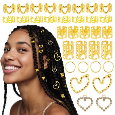 106 PCS Gold Hair Jewelry Clips The Heart Shape Themed for Braids Cuffs Loc Charms Hair Accessories Rings Pendant Metal Jewelry Decoration