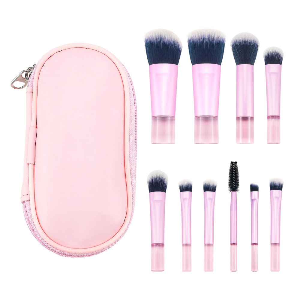 10 Pcs Mini Portable Makeup Brush Set Complete Travel Cosmetic Brushes Kit with Pouch for Blush Powder Eyeshadow Perfect for Women and Girls(Pink)