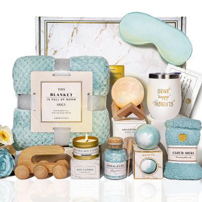 Birthday Gifts for Women Self Care Gifts Get Well Soon Gifts Baskets for Women After Surgery with moon lamp, 11PC Spa,Thinking of You Gift, Care Package for Mom Friend (turquoise)