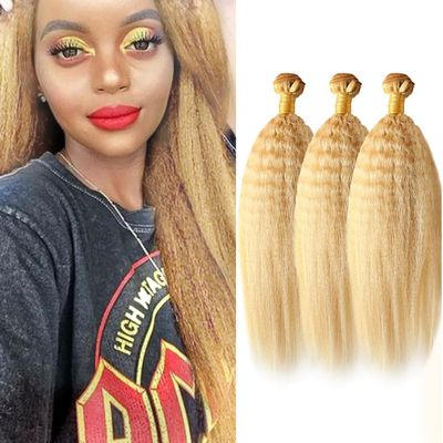 P27/613 Highlight Blonde Bundles Human Hair Kinky Straight Bundles 28 28 28 Inch Honey Blonde Yaki Straight Bundle Unprocessed Brazilian Virgin Weave Hair 3 Bundle 50 Gram Per Bundle