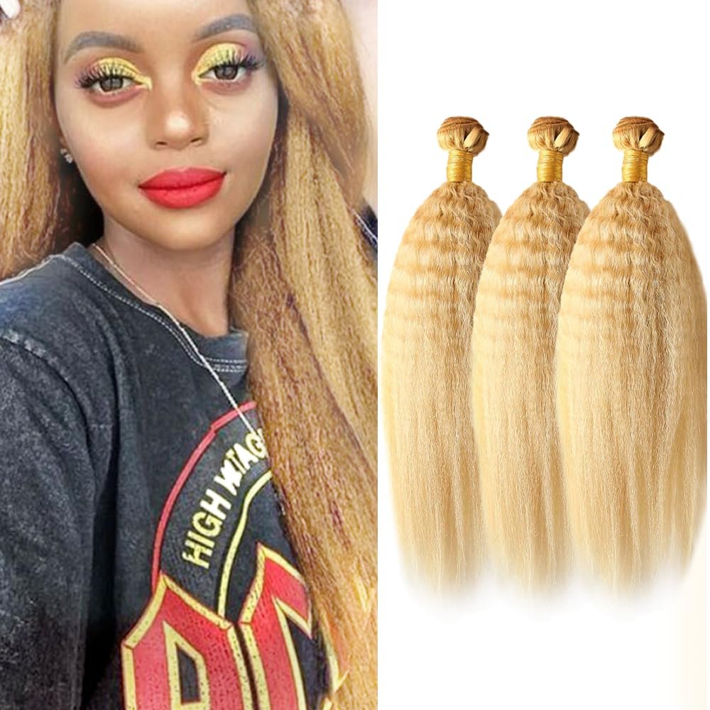 P27/613 Highlight Blonde Bundles Human Hair Kinky Straight Bundles 28 28 28 Inch Honey Blonde Yaki Straight Bundle Unprocessed Brazilian Virgin Weave Hair 3 Bundle 50 Gram Per Bundle