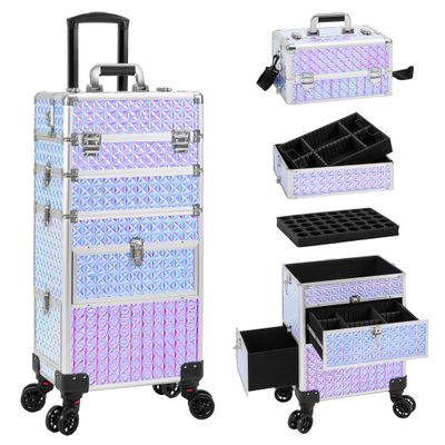 AROUS Rolling Makeup Train Case with 3 Drawers, Cosmetology Case on Wheels Nail Trolley Cart Salon Station Organizer Cases for Nail Tech, Face Painting,Hairstylist, Makeup Artist, Silver