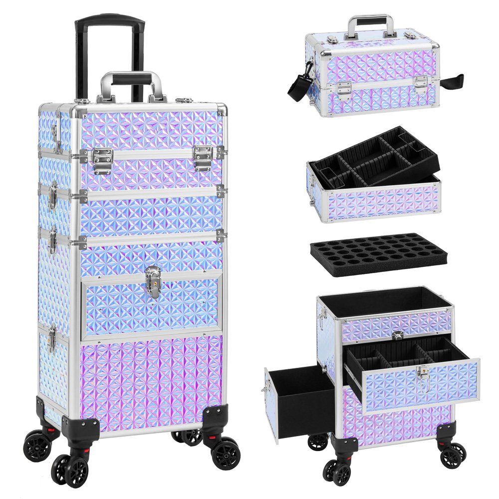 AROUS Rolling Makeup Train Case with 3 Drawers, Cosmetology Case on Wheels Nail Trolley Cart Salon Station Organizer Cases for Nail Tech, Face Painting,Hairstylist, Makeup Artist, Silver