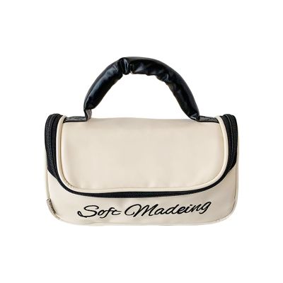baojielai Large Capacity Cosmetic Organized with Bows Design PU Handbag for Travel Toiletry Storage and Portable Makeup Bag, Beige, 21.5x9.2x12cm