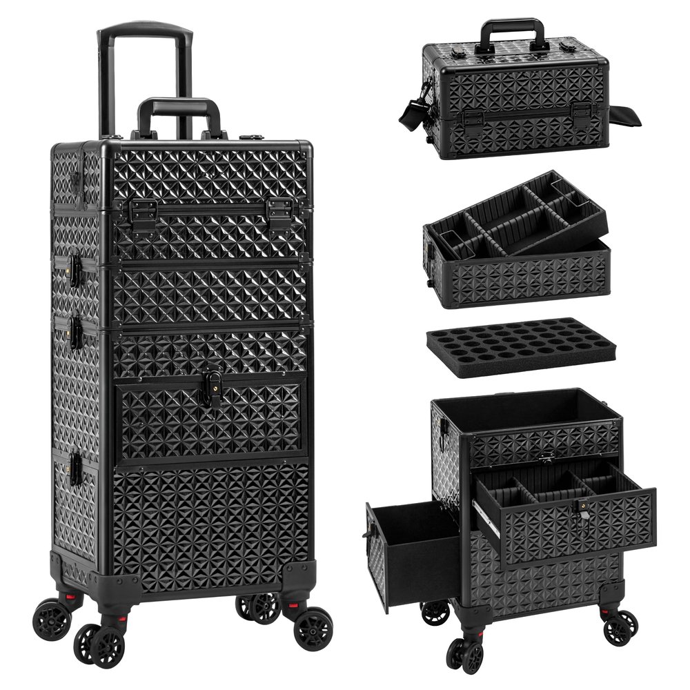AROUS Rolling Makeup Train Case with 3 Drawers, Cosmetology Case on Wheels Nail Trolley Cart Salon Station Organizer Cases for Nail Tech, Face Painting,Hairstylist, Makeup Artist, Black