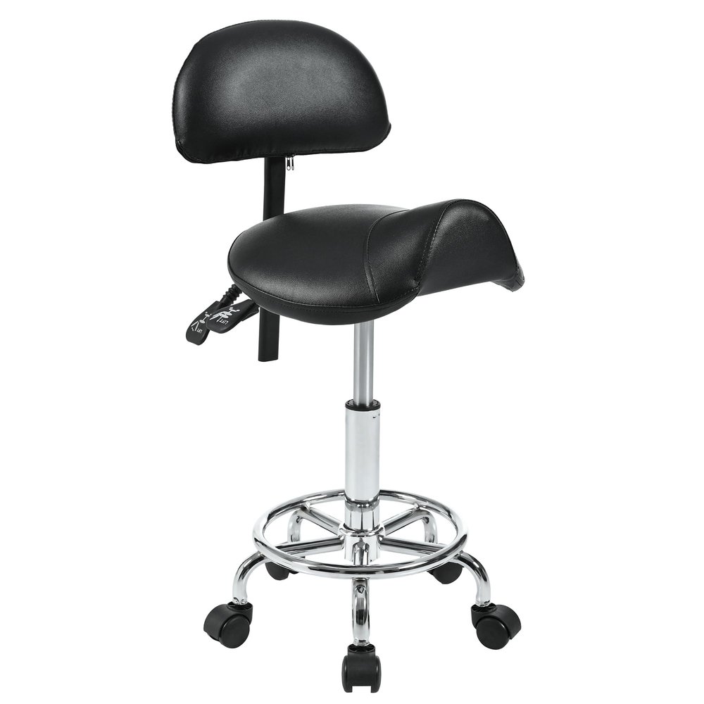 VIHLCYDA Saddle Stool with Back Support and Wheels, 350 LBS Weight Capacity Ergonomic Rolling Stool, Height Adjustable Thickened PU Leather Swivel Saddle Chair for Salon, Spa, Massage, Tattoo(Black)