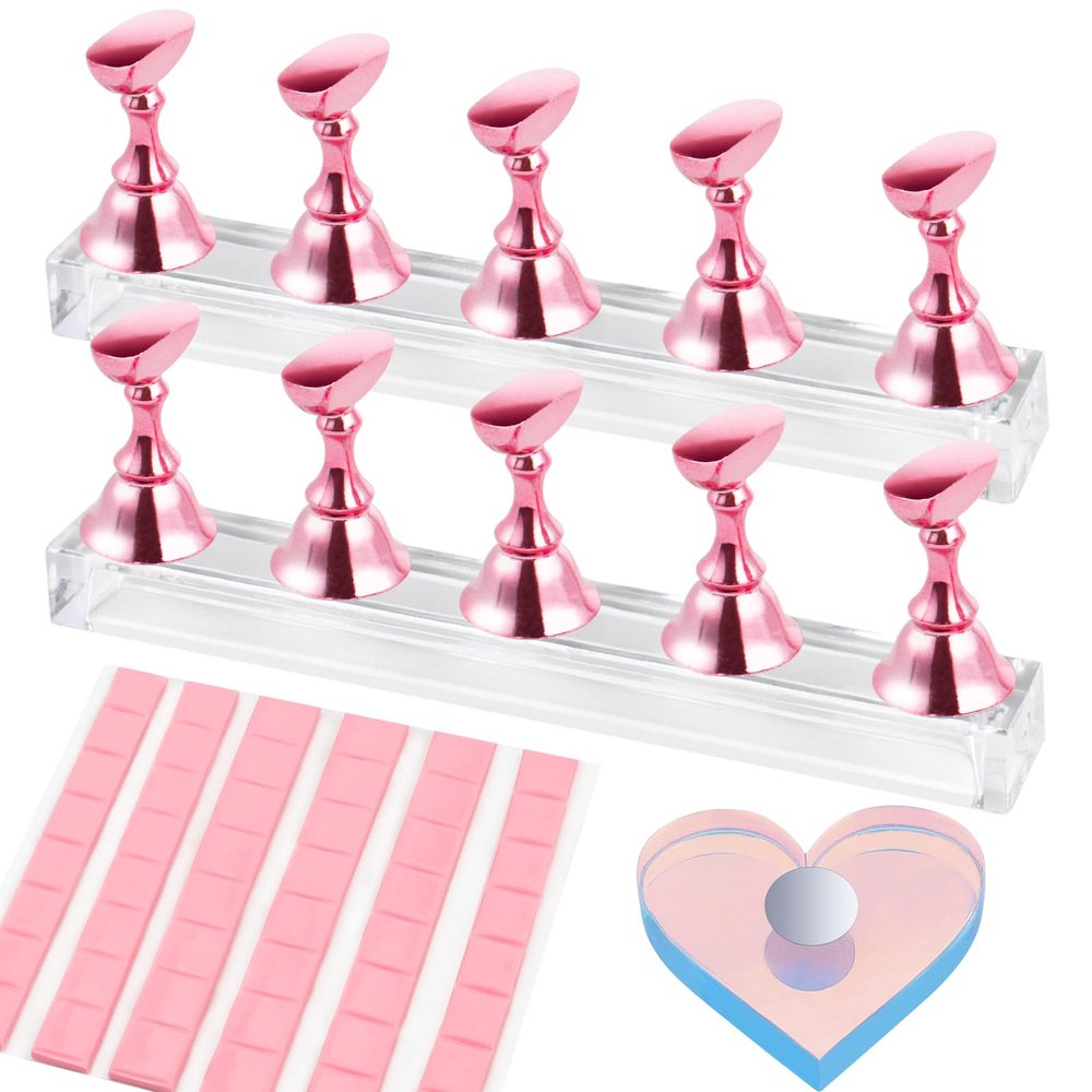 Nail Stand for Press Ons, Magnetic Fake Nail Holder for Painting Nails,Nail Stands for Nail Art with Reusable Putty Home Salon DIY Display Supplies (A-Pink)