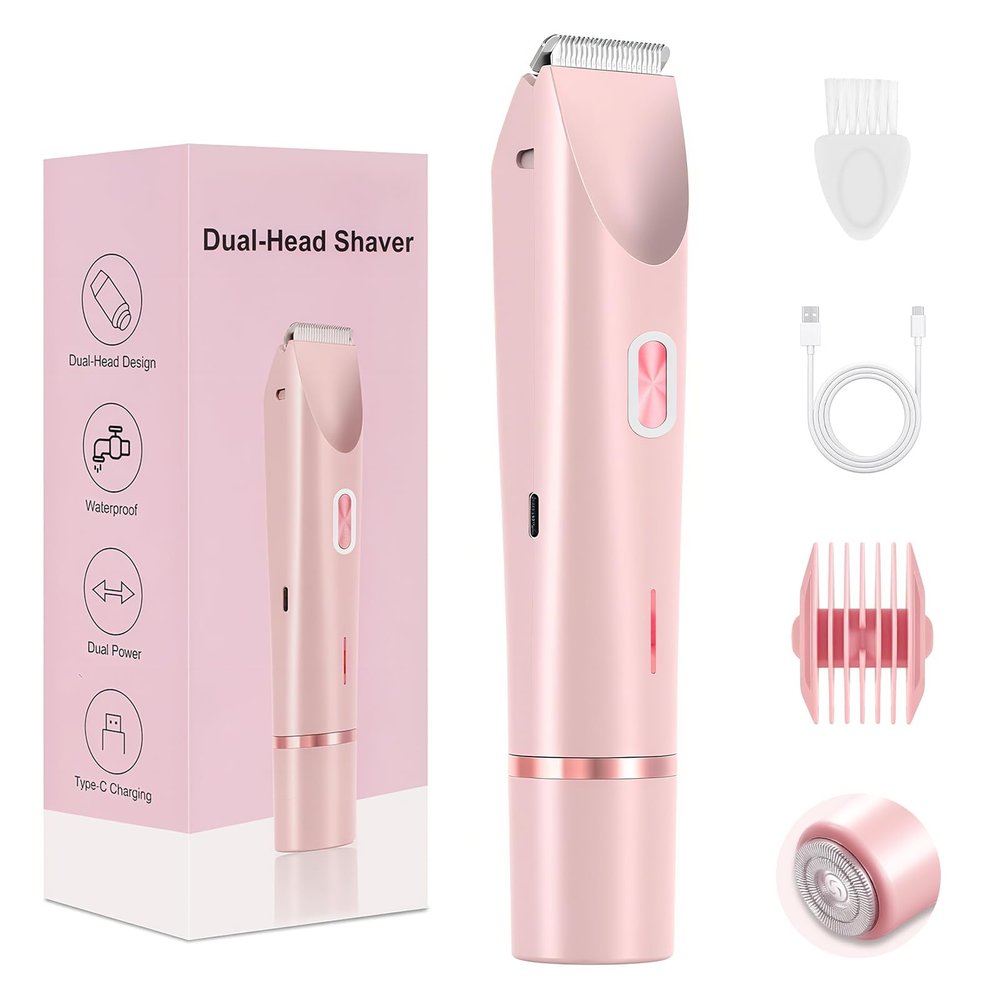2025 New Bikini Trimmer for Women, 2 in 1 Dual Head Body Bikini Shaver, Ultra Low Silent, Painless & Cordless Hair Removal for Body , IPX7 Waterproof & Easy Cleaning for Shower & Travel (Pink)