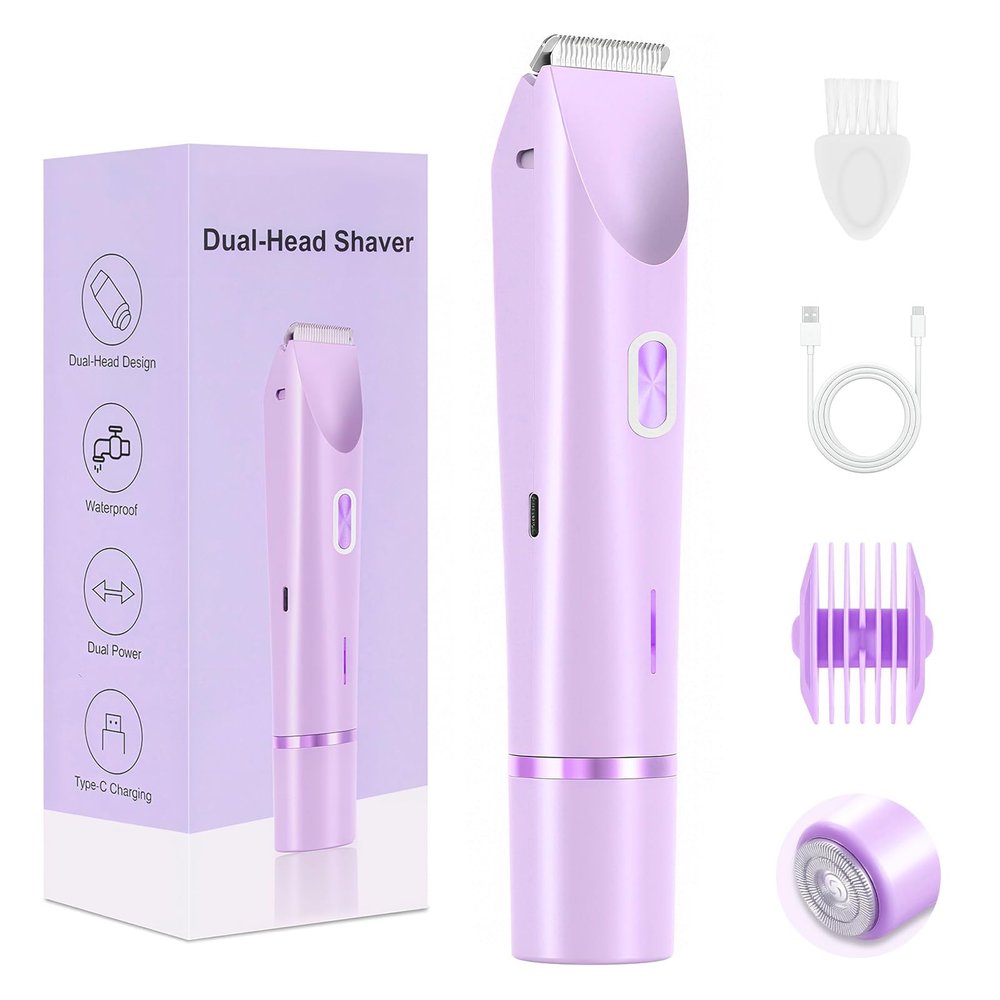 2025 New Bikini Trimmer for Women, 2 in 1 Dual Head Body Bikini Shaver, Ultra Low Silent, Painless & Cordless Hair Removal for Body , IPX7 Waterproof & Easy Cleaning for Shower & Travel (Purple)