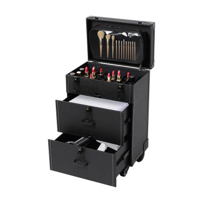 BANEBONE Professional Rolling Makeup Case - Large Capacity Portable Cosmetic Organizer with Lockable Latches, 2 Drawers, 4 Universal Wheels & Telescopic Handle for Makeup Artists