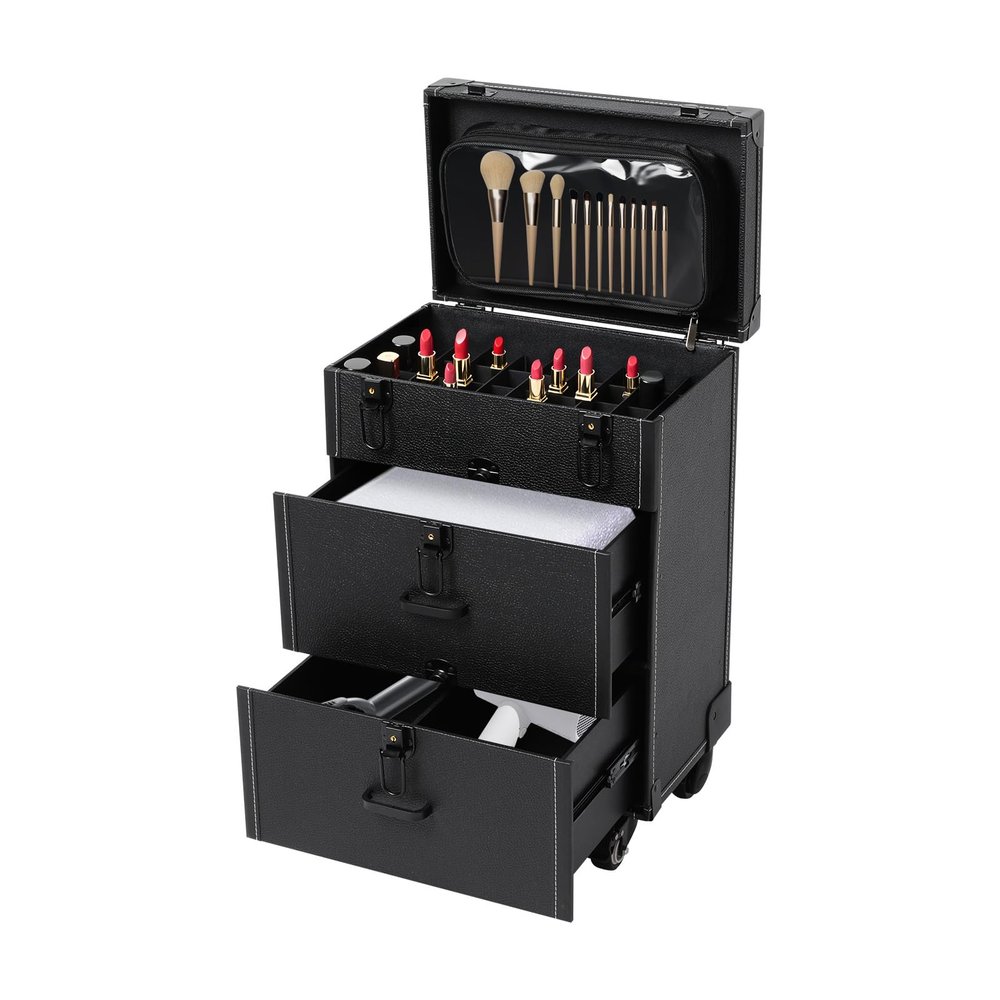 BANEBONE Professional Rolling Makeup Case - Large Capacity Portable Cosmetic Organizer with Lockable Latches, 2 Drawers, 4 Universal Wheels & Telescopic Handle for Makeup Artists