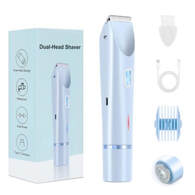 2025 New Bikini Trimmer for Women, 2 in 1 Dual Head Body Bikini Shaver, Ultra Low Silent, Painless & Cordless Hair Removal for Body , IPX7 Waterproof & Easy Cleaning for Shower & Travel (Blue)