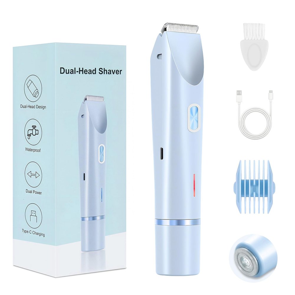 2025 New Bikini Trimmer for Women, 2 in 1 Dual Head Body Bikini Shaver, Ultra Low Silent, Painless & Cordless Hair Removal for Body , IPX7 Waterproof & Easy Cleaning for Shower & Travel (Blue)