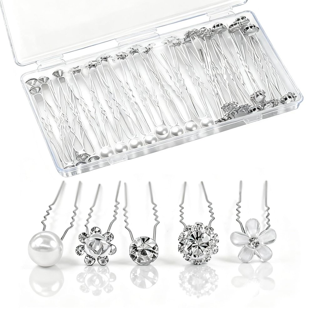 40 PCS Wedding Hair Pins for Brides, Pearl Hair Pins for Wedding, Silver Crystal Rhinestone Hair Pin Decorative Hair Accessories for Bridal Bridesmaid Women Prom Party