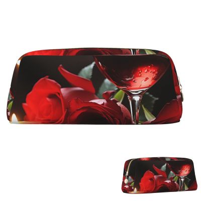 SDTYKHJ Pencil Case Red Rose Wine Glass and Candle Big Pencil Bag Portable Coin Pouch Aesthetic Cosmetic Bag Leather Makeup Bag