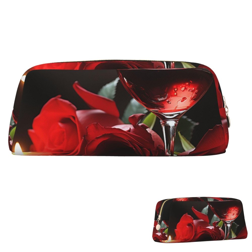 SDTYKHJ Pencil Case Red Rose Wine Glass and Candle Big Pencil Bag Portable Coin Pouch Aesthetic Cosmetic Bag Leather Makeup Bag