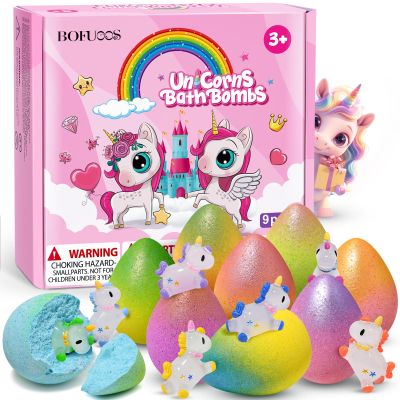 Bofuoos Unicorn Bath Bombs with Surprise Toys Inside, Birthday Valentines Day Gifts for Girls, 9 Packs Bubble Bath Bomb for Kids Girls, Easter Basket Stuffers (36+ Months)