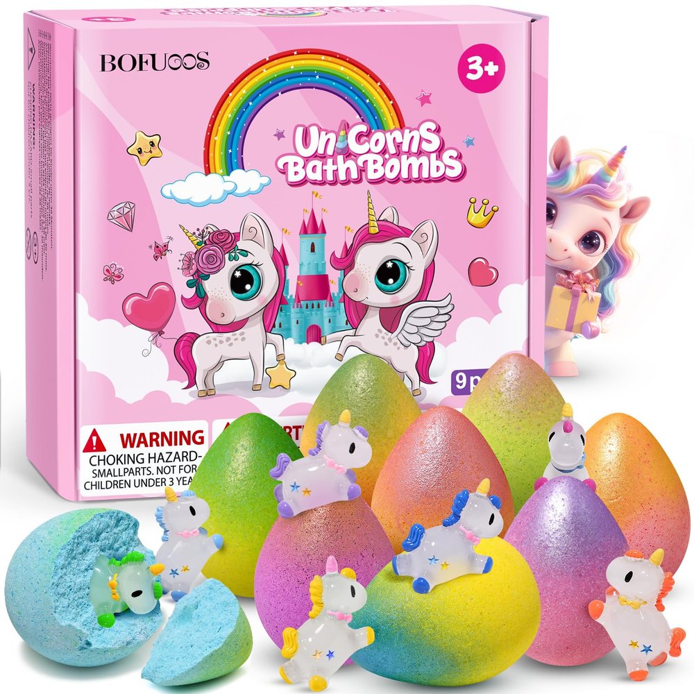 Bofuoos Unicorn Bath Bombs with Surprise Toys Inside, Birthday Valentines Day Gifts for Girls, 9 Packs Bubble Bath Bomb for Kids Girls, Easter Basket Stuffers (36+ Months)