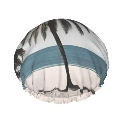 Beach and Palm Tree Print Shower Cap - Reusable Bath Hair Cap, Double Layer Washable Breathable with Adjustable Elastic Strap