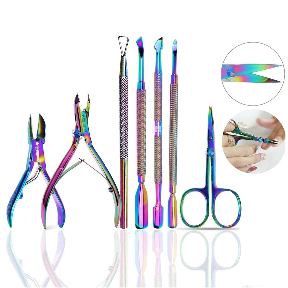 7PC Pro Cuticle Kit - Stainless Steel Manicure Tools Set w/Pusher, Nipper, Scissors, Gel Polish Remover - Nail Care Kit for Salon & Home - Trimmer, Clipper & Nail Prep Tools (Multicolor)