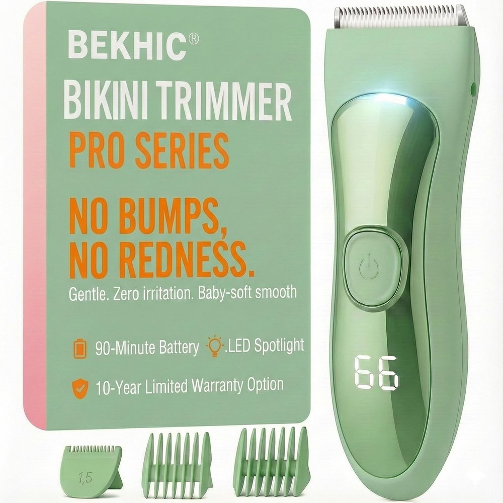 Bekhic Bikini & Manscape Body Hair Trimmer for Men & Women  Cordless Electric Groin Shaver with No-Nick Ceramic Blade  IPX7 Waterproof Wet/Dry Pubic Groomer with LED Light for Sensitive Skin