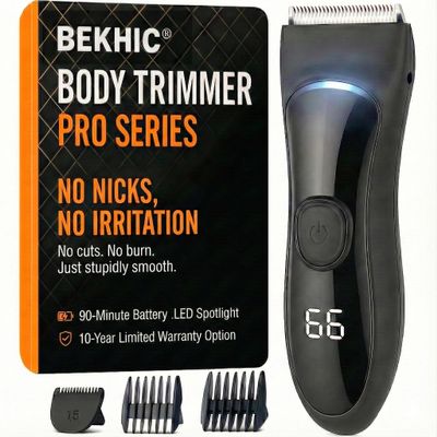 Bekhic Groin & Body Hair Trimmer for Men  Waterproof Pubic Hair Shaver & Ball Groomer with LED Light  No-Nick Ceramic Blade, 90-Min Runtime, Cordless Wet/Dry Clipper for Sensitive Skin