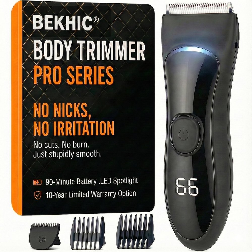 Bekhic Groin & Body Hair Trimmer for Men  Waterproof Pubic Hair Shaver & Ball Groomer with LED Light  No-Nick Ceramic Blade, 90-Min Runtime, Cordless Wet/Dry Clipper for Sensitive Skin