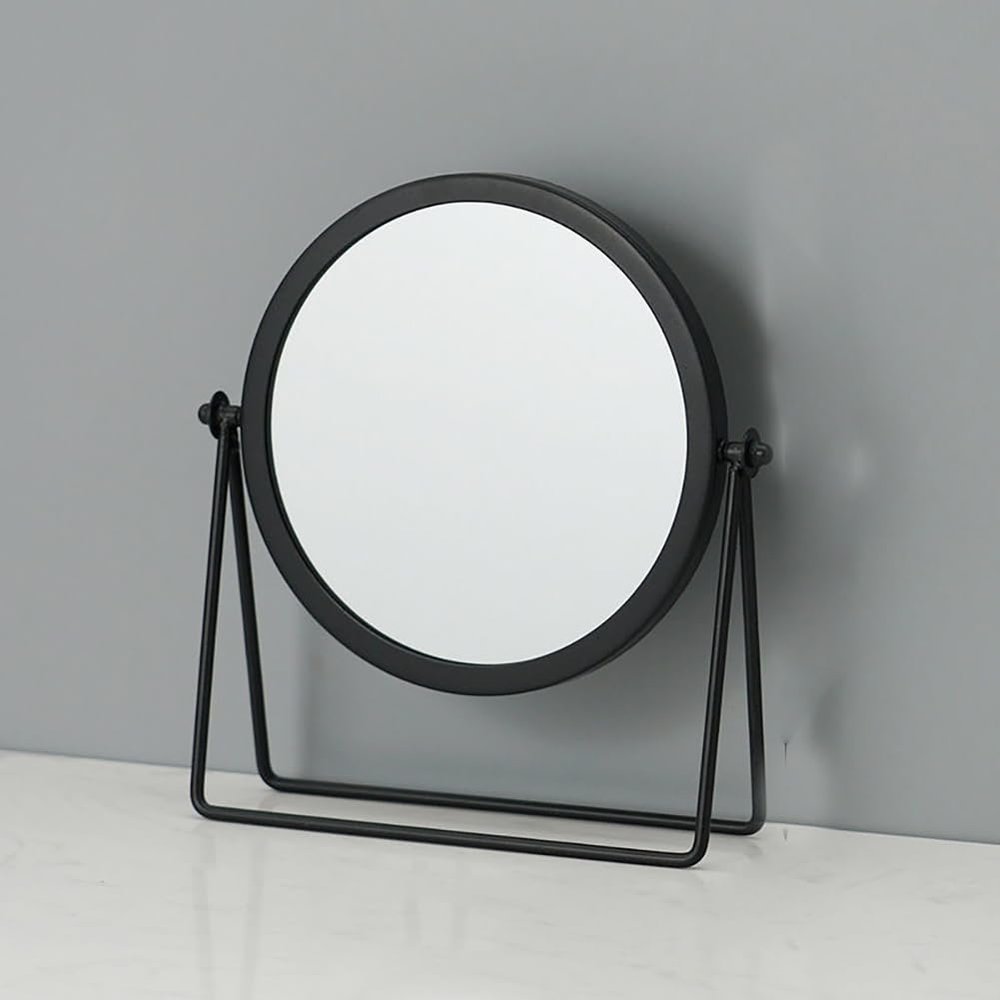 A ANTCAM Tabletop Round Swivel Single Sided Makeup Mirror with Stand, Rotation Metal One-Sided Dressing Table Mirror Portable Table Desk Counter top Bathroom Shaving Mirror (Black,A)