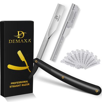 Professional 20 Straight Razor Blades with DEMAXA Shavette Straight Razors for Men - Navajas para Barbero Professional Barber Razor Blade for Close Shaving with Soft Pouch - Cut Throat Razors for Men