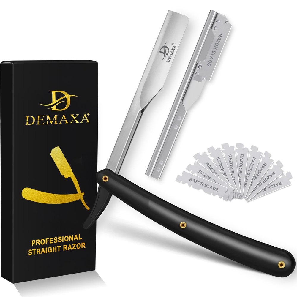 Professional 20 Straight Razor Blades with DEMAXA Shavette Straight Razors for Men - Navajas para Barbero Professional Barber Razor Blade for Close Shaving with Soft Pouch - Cut Throat Razors for Men