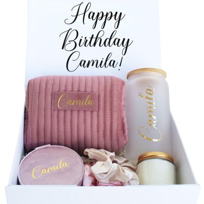 BluChi Personalized Birthday Gift Set for Women, Custom Bundle with Makeup Bag and Iced Coffee Cup, Thank You Gifts for Her Best Friend Wife and Mom