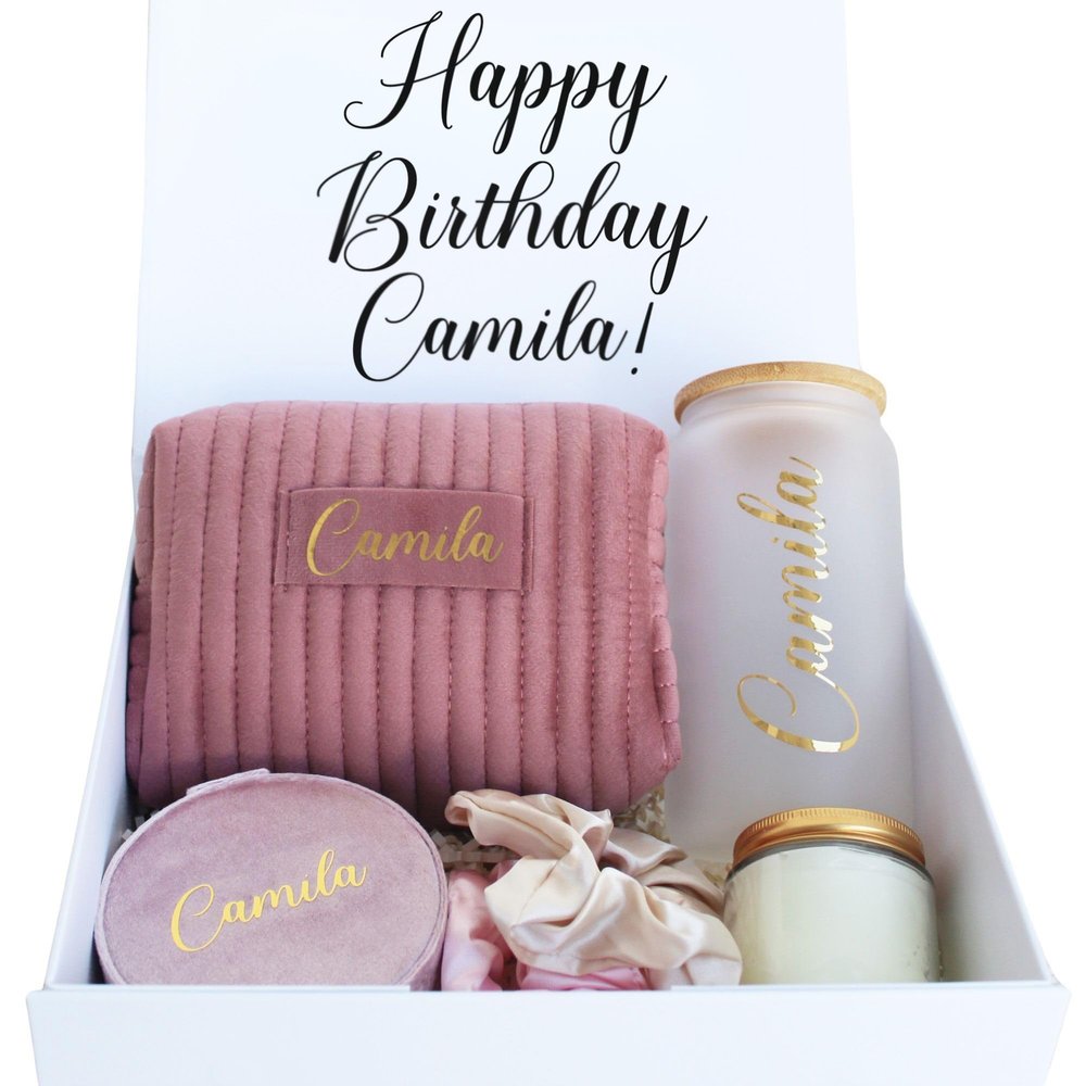BluChi Personalized Birthday Gift Set for Women, Custom Bundle with Makeup Bag and Iced Coffee Cup, Thank You Gifts for Her Best Friend Wife and Mom