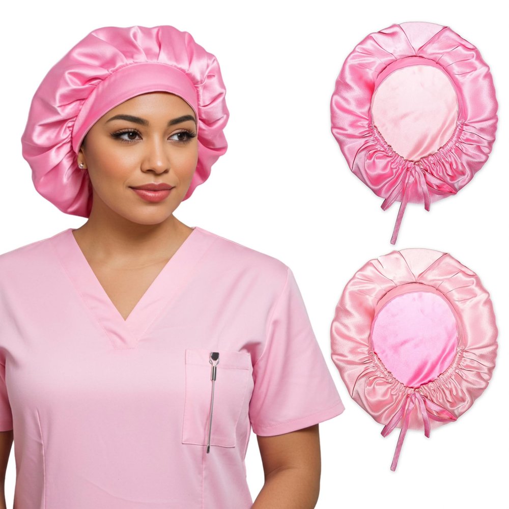 100% Mulberry Silk Medical Bonnet  Adjustable 19 Momme Double-Layer Reversible Hair Wrap  Stay-On Nurse Cap for Women, Long Curly & Natural Hair  Handmade Real Silk Bonnet USA (Pink)