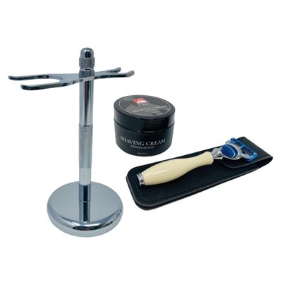 G.B.S Faux Ivory 5 Blade Compatible Razor Handle, Sandalwood Shave Cream, Leather Case and Chrome Shave Stand