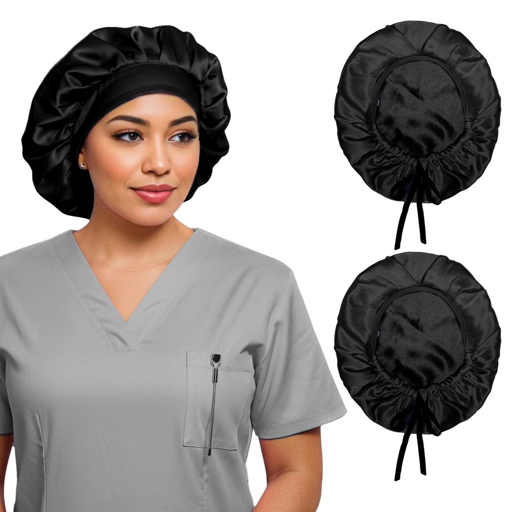 100% Mulberry Silk Medical Bonnet  Adjustable 19 Momme Double-Layer Reversible Hair Wrap  Stay-On Nurse Cap for Women, Long Curly & Natural Hair  Handmade Real Silk Bonnet USA (Black)