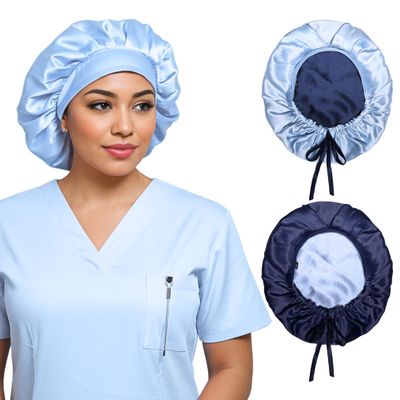 100% Mulberry Silk Medical Bonnet  Adjustable 19 Momme Double-Layer Reversible Hair Wrap  Stay-On Nurse Cap for Women, Long Curly & Natural Hair  Handmade Real Silk Bonnet USA (Blue)