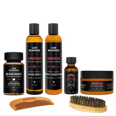 Live Bearded Total Beardsman Kit - Complete Beard Growth Kit for Men - Beard Oil, Butter, Wash, Conditioner, Vitamins, Comb, Brush | American - Cedar, Vetiver, Bergamot