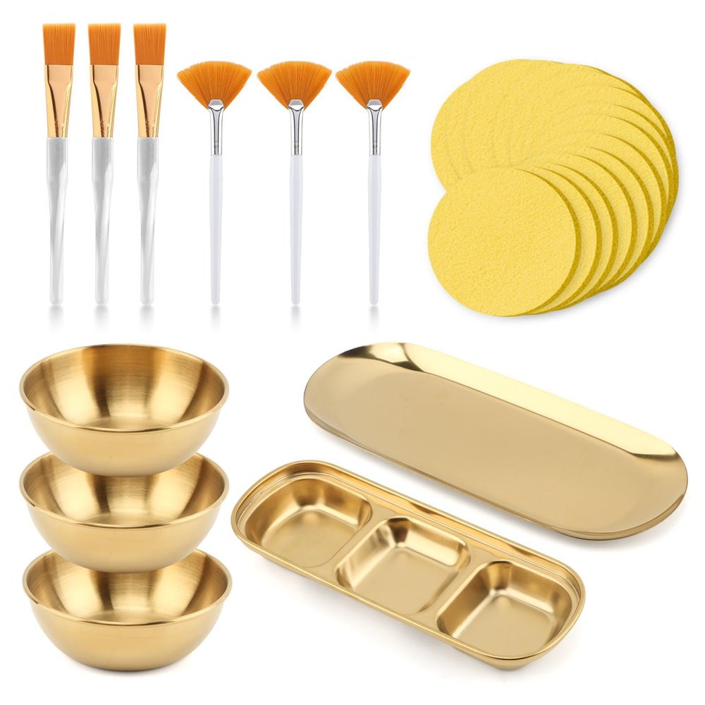 23Pcs Esthetician Supplies for Facials Set, 3 Gold Mixing Bowls Serving Tray 3 Compartment Serving Tray 3 Facial Fan Brushes 3 Flat Brushes, 12 Facial Sponge Compressed Round