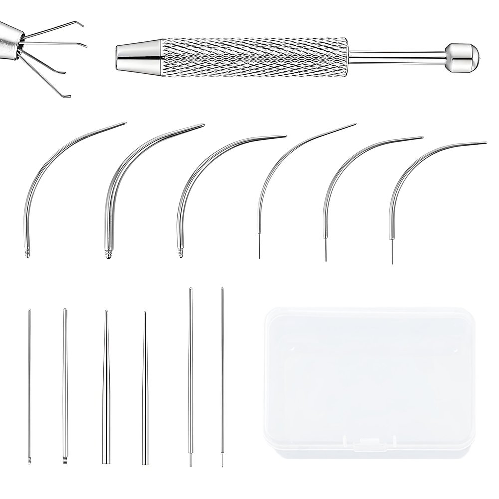 12 PCS Piercing Taper Tool Set Professional Stainless Steel Piercing Tools for Changing Jewelry Includes 14G/16G/18G/20G Straight and Curved Needles Suitable for Ear/Nose/Lip/Eyebrow/Tongue/Navel