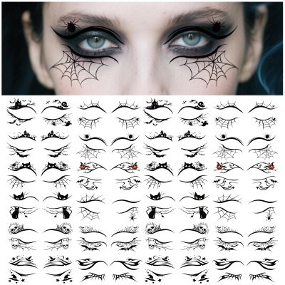 24 Pairs Halloween Eyeliner Temporary Tattoos for Adults, Face Eyes Fake Tattoos, Gothic Spooky Designs with Spiders Web, Bats, Cats, Skulls, Black
