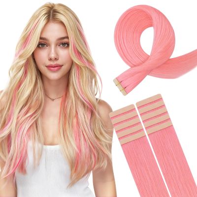 HOTBANANA Tape in Hair Extensions, 22 Inch 10pcs 30g Peach Pink Tape in Real Remy Human Hair Extensions Straight Colored