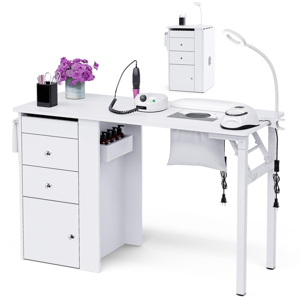 Foldable Nail Table with Dust Collector, Portable Manicure Desk with LED Lamp, Wrist Rest, Lockable Wheels & Storage, Rolling Nail Tech Table for Salon, Spa, Home Beauty Workstation (White)