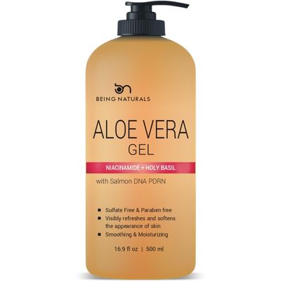 Being Naturals Aloe vera Gel - from 100% Pure Organic Aloe- Natural Raw Moisturizer for Face, Body, Hair. Perfect for Sunburn, Acne, Razor Bumps 16.9 fl oz (Salmon DNA + Niacinamide)