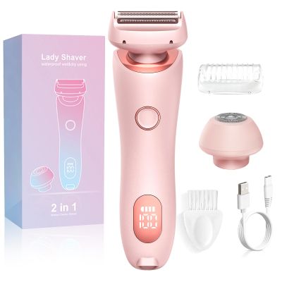 Electric Shaver for Women, 2 in 1 Waterproof Electric Razor, Silk Glide Pro Shaver, Rechargeable Cordless Hair Removal with 2 Removable Heads for Bikini, Leg, Arm, Underarm, Body (Pink)