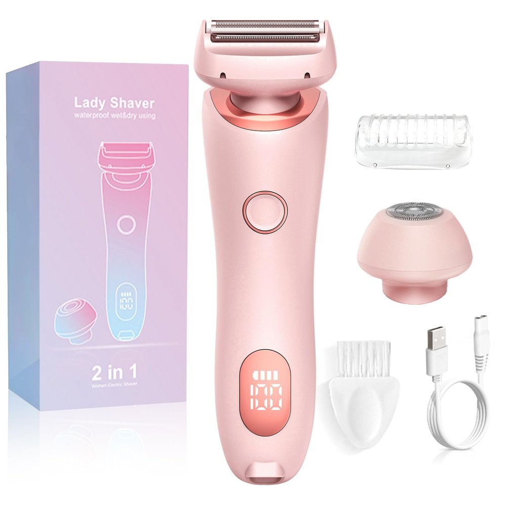 Electric Shaver for Women, 2 in 1 Waterproof Electric Razor, Silk Glide Pro Shaver, Rechargeable Cordless Hair Removal with 2 Removable Heads for Bikini, Leg, Arm, Underarm, Body (Pink)