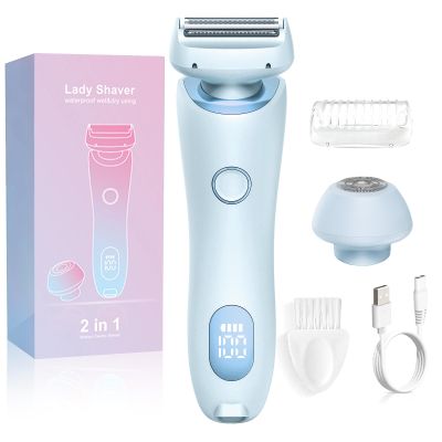 Electric Shaver for Women, 2 in 1 Waterproof Electric Razor, Silk Glide Pro Shaver, Rechargeable Cordless Hair Removal with 2 Removable Heads for Bikini, Leg, Arm, Underarm, Body (Blue)