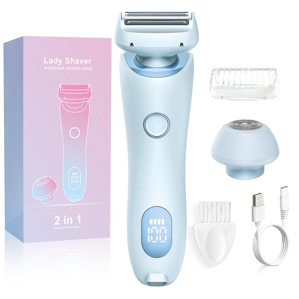Electric Shaver for Women, 2 in 1 Waterproof Electric Razor, Silk Glide Pro Shaver, Rechargeable Cordless Hair Removal with 2 Removable Heads for Bikini, Leg, Arm, Underarm, Body (Blue)