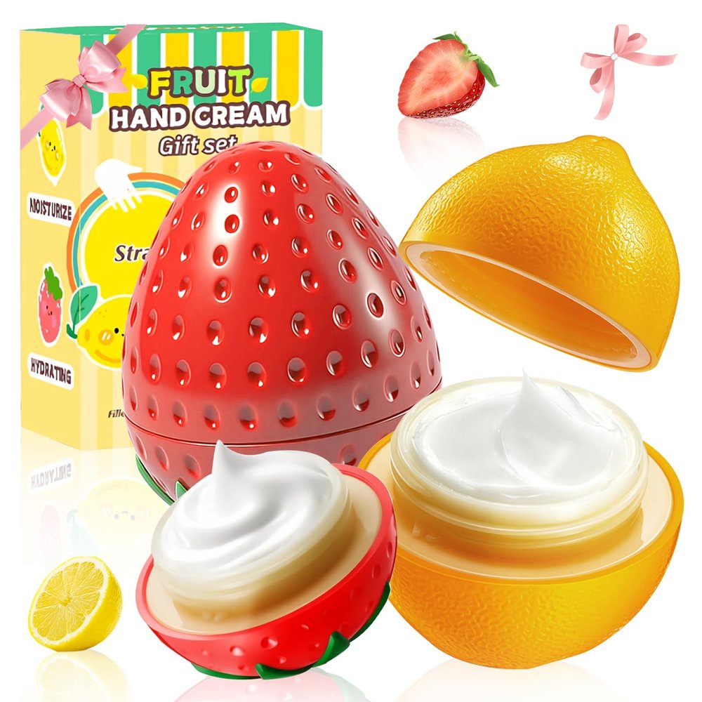 2 Pack Hand Cream for Dry Cracked Hands, Birthday Gifts for Women, Bridesmaid Gifts, Thank You Gifts, Teacher Gifts, Nurse Gifts, Lightweight & Hydrating Hand Lotion Moisturizer (Strawberry & Lemon)